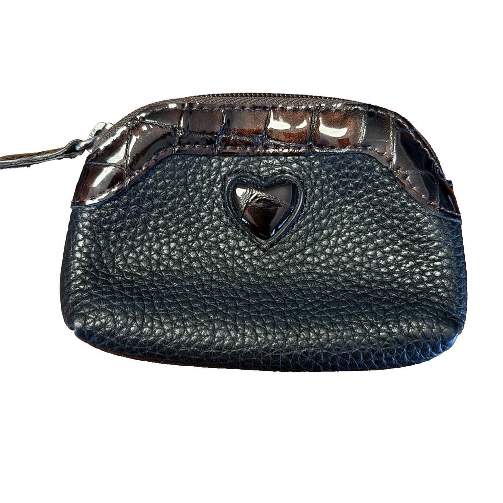 BRIGHTON Black Pebble Leather Heart COIN PURSE Zippered Pouch Moc Croc Small